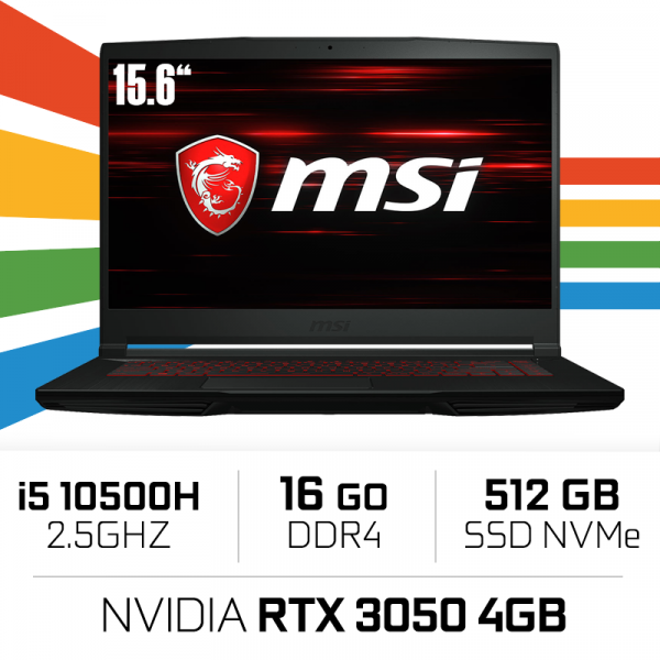 MSI GF63 10UC (THIN) i5-10500H/16GB/512GB SSD/RTX3050 4GB/15.6'' PC Portables Gamer MSI, Ultra Pc Gamer Maroc