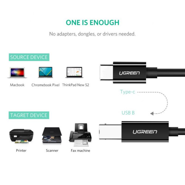 Ugreen Cable imprimante USB-C to BM Noir 2M (50446) Connectique UGREEN, Ultra Pc Gamer Maroc