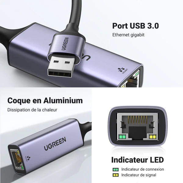 Ugreen Adaptateur Aliminium USB 3.0 to RJ45 (50922) Connectique UGREEN, Ultra Pc Gamer Maroc