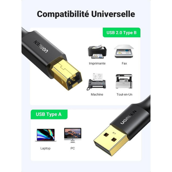 Ugreen Cable imprimante USB 2.0 to BM 3M (10351) Connectique UGREEN, Ultra Pc Gamer Maroc