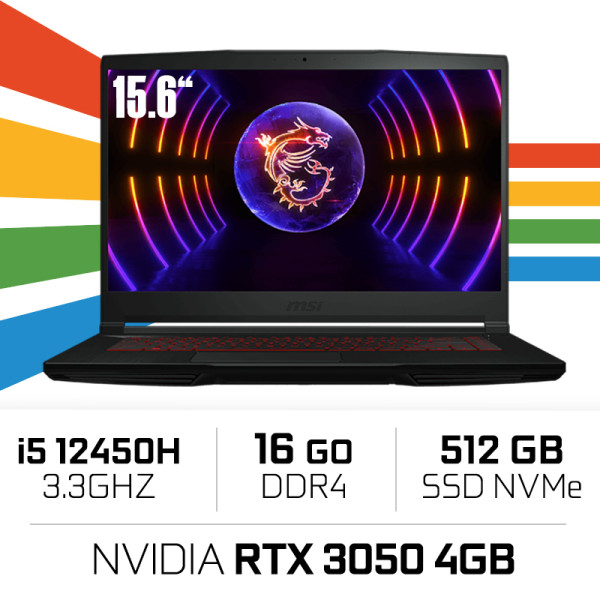 MSI GF63 12UC THIN i5-12450H/16GB/512GB SSD/RTX3050 4GB/15.6'' PC Portables Gamer MSI, Ultra Pc Gamer Maroc