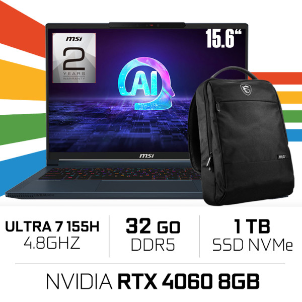 MSI STEALTH 16 AI STUDIO-A1VFG | ULTRA 7-155H /32GB DDR5/1TB SSD/RTX4060 8GB/15.6'' QHD 240Hz PC Portables Gamer MSI, Ultra P...