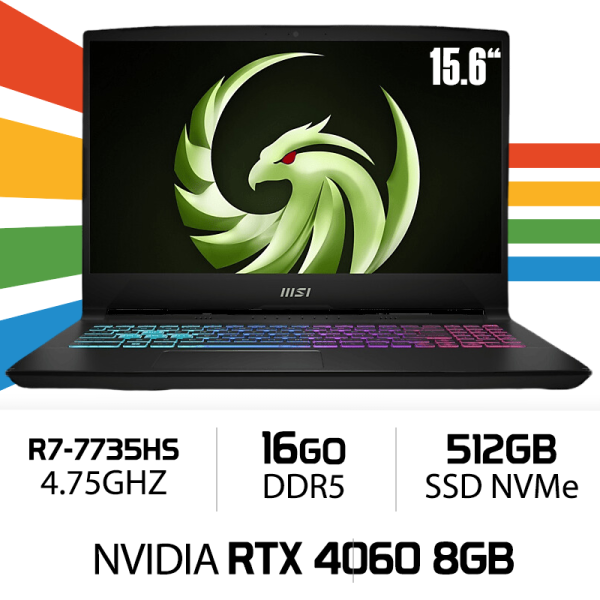 MSI BRAVO 15 C7VFK Ryzen 7 7735HS 2X8GB 512GB NVMe PCIe SSD Gen4x4 RTX 4060 8GB 15.6" FHD 144Hz IPS PC Portables Gamer MSI, U...