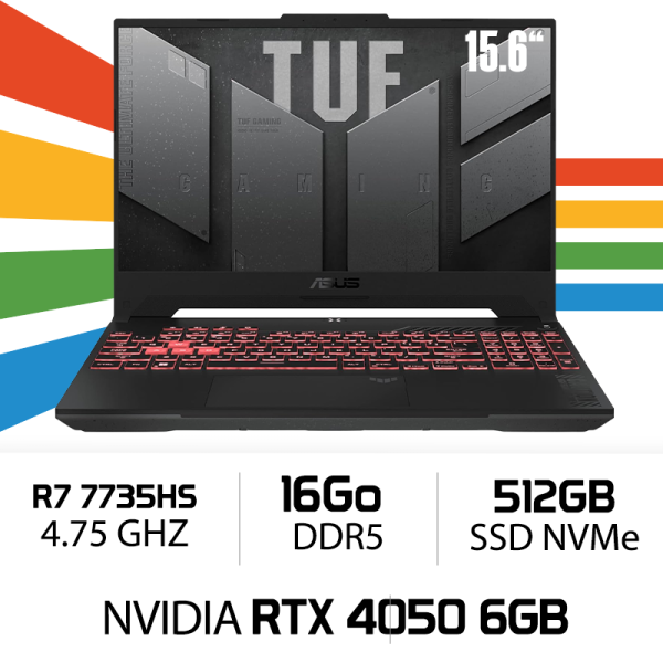 ASUS TUF A15 TUF507NU AMD Ryzen R7 7735HS/16GB DDR5/512GB SSD/RTX4050 6GB/15.6'' 144Hz PC Portables Gamer ASUS, Ultra Pc Game...