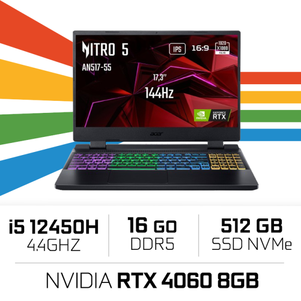 Acer Nitro 5 AN517-55-54EK i5 12450H/16GB/512GB SSD/RTX4060 8GB/17.3'' 144Hz IPS PC Portables Gamer Acer, Ultra Pc Gamer Maroc