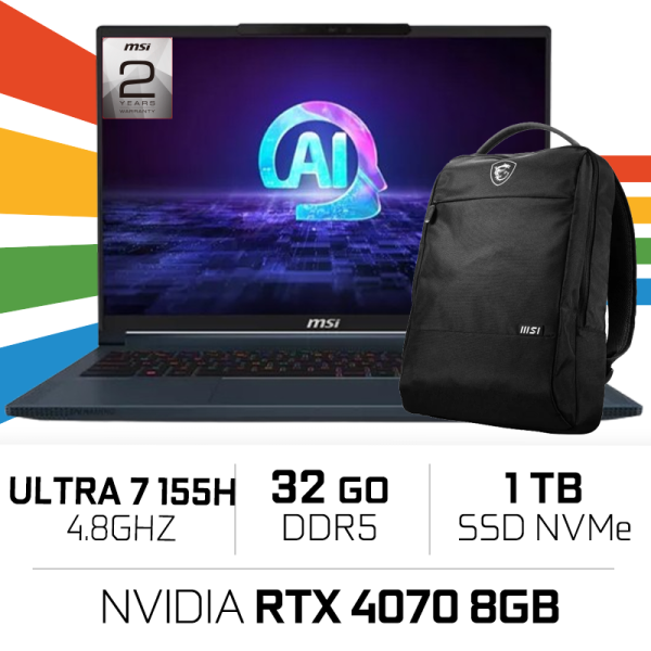 MSI Stealth 16 AI Studio A1VGG-283MA ULTRA 7-155H /32GB DDR5/1TB SSD/RTX4070 8GB/16″ QHD 240Hz PC Portables Gamer MSI, Ultra ...
