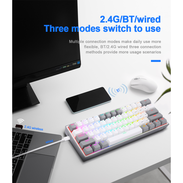 Redragon K616 Fizz PRO 60% Wireless RGB Red Switches (White/Gray) Claviers Redragon, Ultra Pc Gamer Maroc