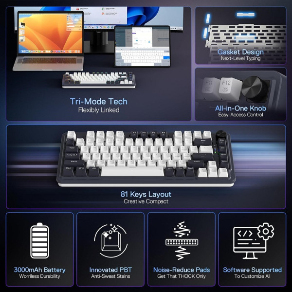 Redragon K673 PRO 75% Wireless RGB Red Switches (Abyssal Blue) Claviers Redragon, Ultra Pc Gamer Maroc