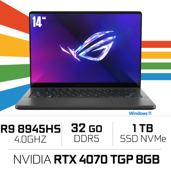 Asus ROG Zephyrus G14-403UI-Q24W AMD Ryzen 9 8945HS/32GB DDR5/1TB SSD/RTX 4070 TGP 90W/14" 3K OLED (SANS EMBALLAGE) PC Portab...