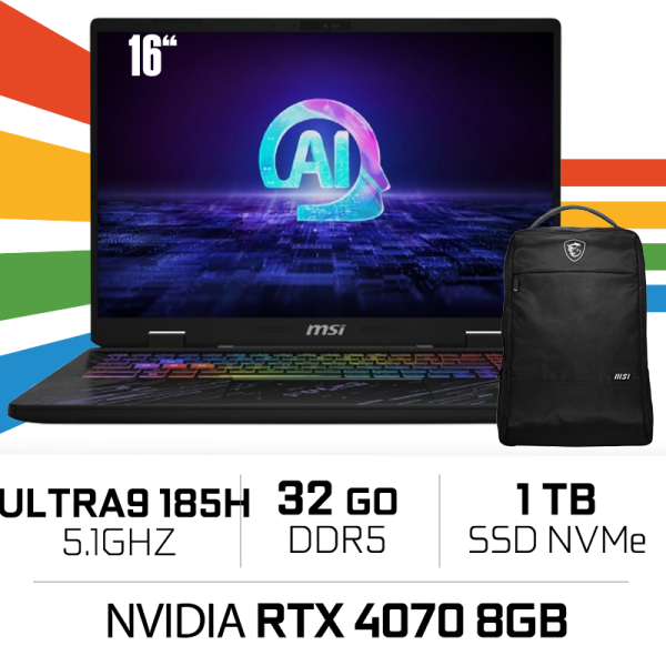 MSI PULSE 16 AI C1VFKG-082MA Intel Ultra 9 185H/32GB DDR5/1TB SSD/RTX 4070 8GB/16" 240Hz/Win11/W BAG PC Portables Gamer MSI, ...