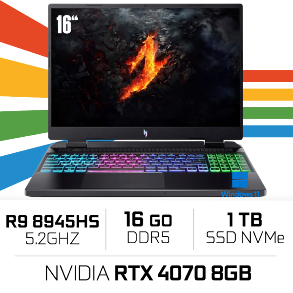 ACER Nitro 16 AN16-42-R83R AMD Ryzen 9 8945HS/16GB/1TB SSD/RTX4070 8GB (SANS EMBALLAGE) PC Portables Gamer Acer, Ultra Pc Gam...