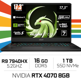 MSI ALPHA 17 C7VG AMD R9 7940HX/16GB/1TB SSD/RTX 4070 8GB/17.3'' QHD IPS 240Hz (SANS EMBALLAGE) PC Portables Gamer MSI, Ultra...