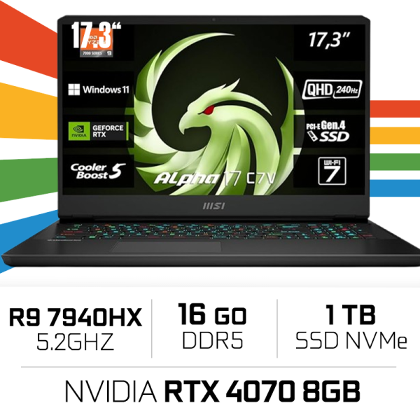 MSI ALPHA 17 C7VG AMD R9 7940HX/16GB/1TB SSD/RTX 4070 8GB/17.3'' QHD IPS 240Hz (SANS EMBALLAGE) PC Portables Gamer MSI, Ultra...