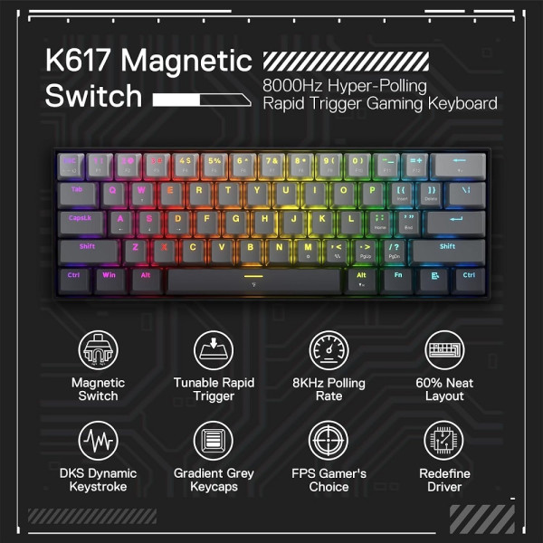Redragon K617 FIZZ 60% Rapid Trigger Wired Magnetic Switch Claviers Redragon, Ultra Pc Gamer Maroc