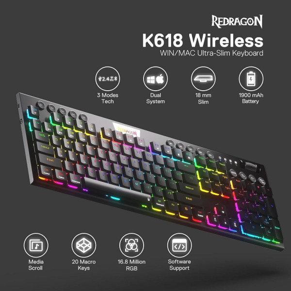 Redragon K618 PRO Wireless Low Profile Red Switches Claviers Redragon, Ultra Pc Gamer Maroc