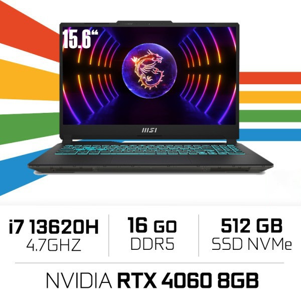 MSI CYBORG A13VF-1623XMA i7-13620H/16GB/512GB NVMe PCIe SSD Gen4/RTX 4060 8GB 15.6" FHD 144Hz PC Portables Gamer MSI, Ultra P...
