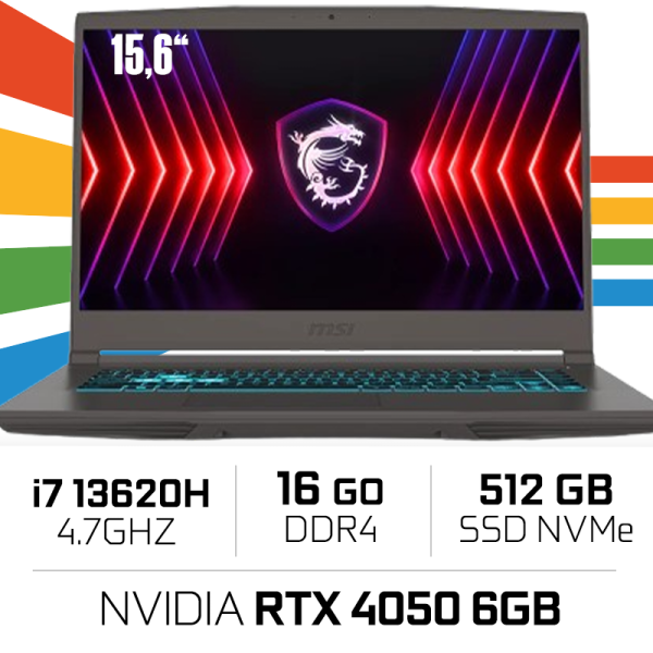 MSI THIN 15 B13VE-2660XMA Intel i7-13620H/16GB DDR4/512GB SSD/RTX 4050 6GB/15.6″ 144Hz/FreeDos PC Portables Gamer MSI, Ultra ...
