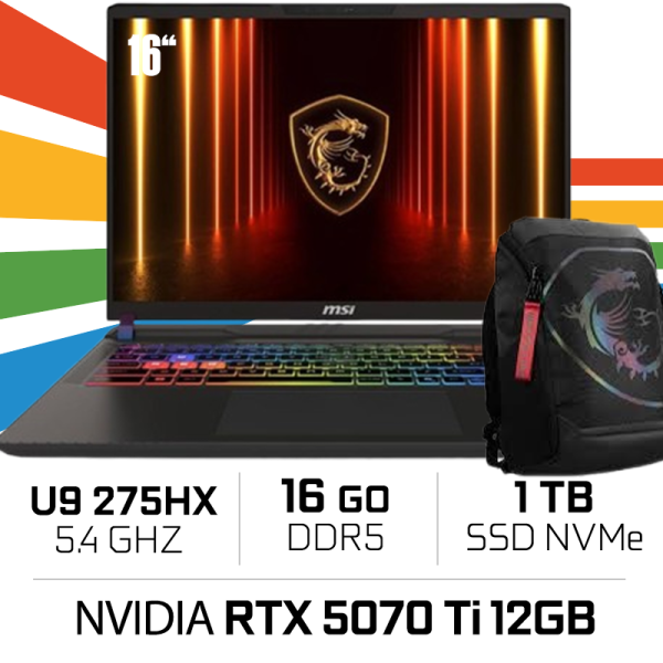 MSI VECTOR 16 HX AI A2XWIG-418MA Ultra 9-275HX/16GB DDR5/1TB SSD/RTX 5070Ti/16"240Hz/Win11H/W BAG PC Portables Gamer MSI, Ult...