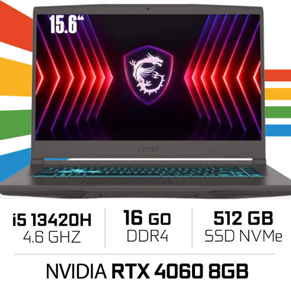 MSI THIN 15 B13VF-2679FR Intel i5 -13420H /16GB DDR4/512GB SSD/RTX 4060 8GB/15.6″ 144Hz/Windows 11 (Sans emballage) PC Portab...