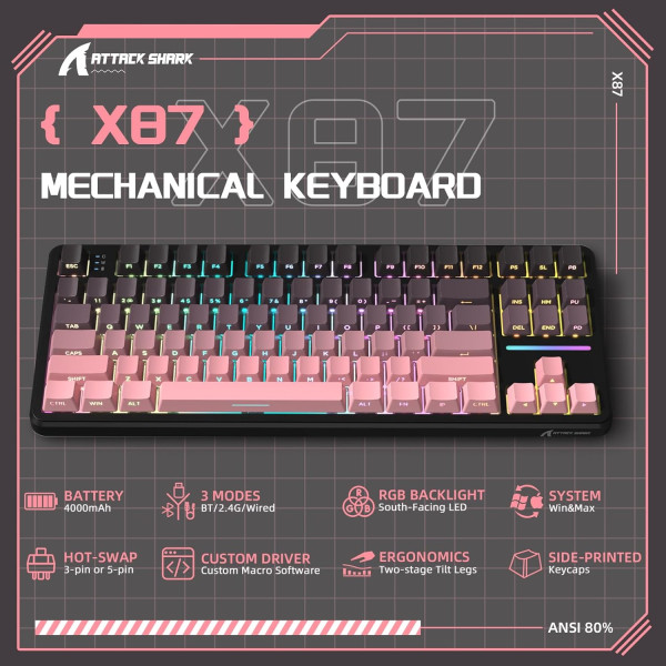 ATTACK SHARK X87 Blackberry (Strawberry Switch) Claviers ATTACK SHARK, Ultra Pc Gamer Maroc