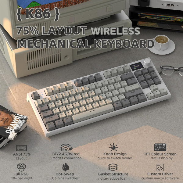 ATTACK SHARK K86 Retro Grey (Blue Whale Switch) Claviers ATTACK SHARK, Ultra Pc Gamer Maroc