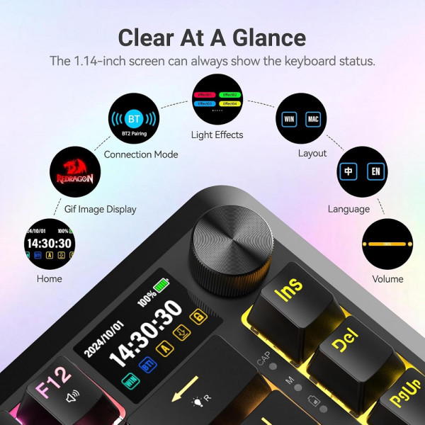 Redragon K708 Pro LCD Wireless Mechanical Keyboard (Black) Claviers Redragon, Ultra Pc Gamer Maroc