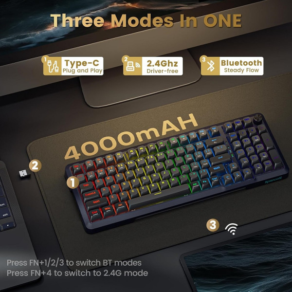 Redragon K688 Pro Wireless Mechanical Keyboard (Black/Gray) Claviers Redragon, Ultra Pc Gamer Maroc