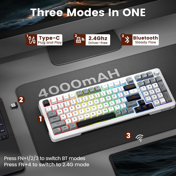 Redragon K688 Pro Wireless Mechanical Keyboard (White/Gray/Black) Claviers Redragon, Ultra Pc Gamer Maroc