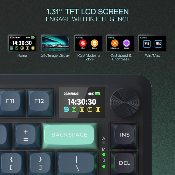 Redragon K724 Pro LCD Wireless Mechanical Keyboard (Dark Jade) Claviers Redragon, Ultra Pc Gamer Maroc