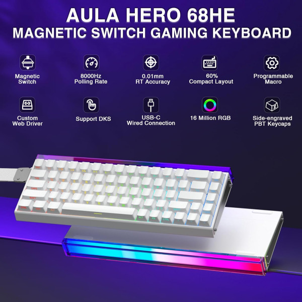 AULA Hero 68 HE Magnetic Switch (White ) Claviers AULA, Ultra Pc Gamer Maroc