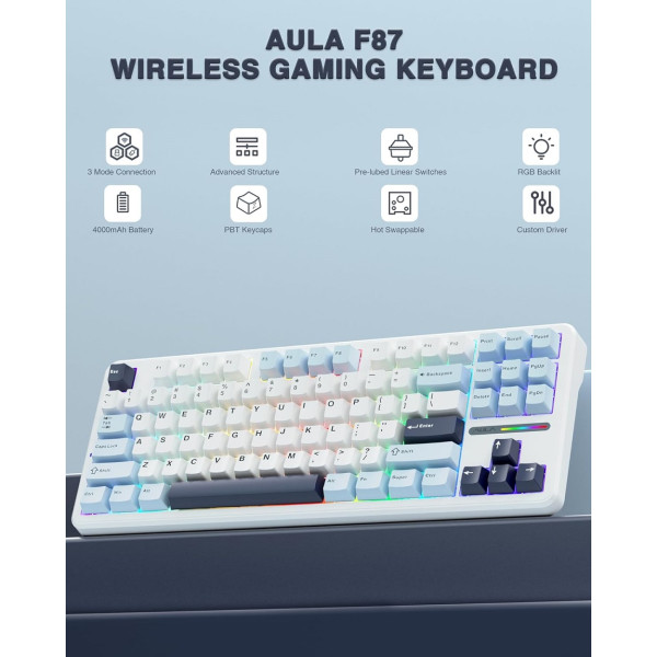 AULA F87 PRO Glacier Blue (Graywood V4 Switch) Claviers AULA, Ultra Pc Gamer Maroc