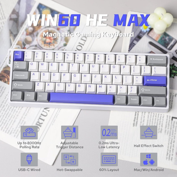 AULA WIN60 HE MAX Grey&White&Blue (Magnetic Switch) Claviers AULA, Ultra Pc Gamer Maroc