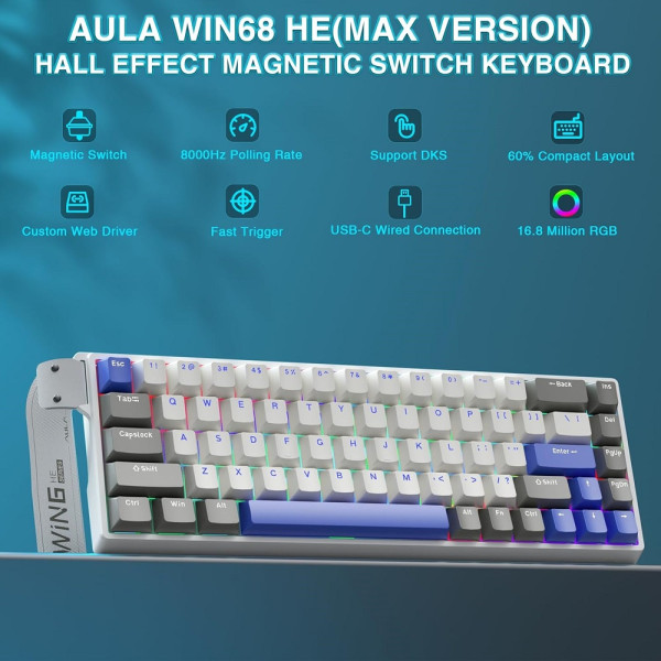 AULA WIN68 HE MAX Grey&White&Blue (Magnetic Switch) Claviers AULA, Ultra Pc Gamer Maroc