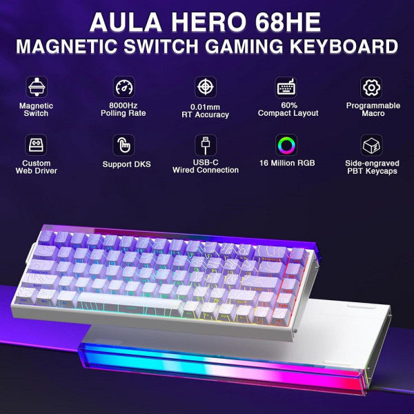 AULA Hero 68 HE Gradient Purple (Dragon King Magnetic Switch) Claviers AULA, Ultra Pc Gamer Maroc