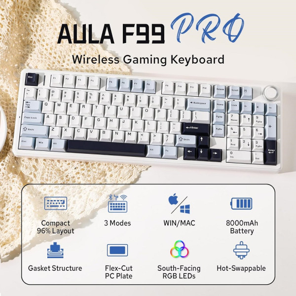 AULA F99 PRO Glacier Blue (Star Vector Switch) Claviers AULA, Ultra Pc Gamer Maroc