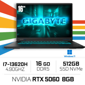 GIGABYTE GAMING A16 CVHI3FR894SD Intel i7-13620H/16GB DDR5/512GB SSD/RTX 5060 8G/16″ 165Hz/Win11 PC Portables Gamer Gigabyte,...