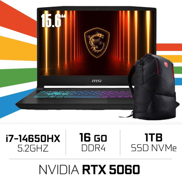 MSI Katana 15 HX-B14 WFK-451MA i7-14650HX/16Go DDR4/1TB SSD/RTX5060/15.6" 144Hz/Win11 Home/W Bag PC Portables Gamer MSI, Ultr...