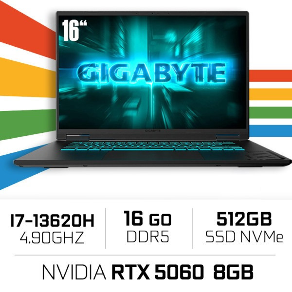 GIGABYTE GAMING A16 CVHI3FR894SD Intel i7-13620H/16GB DDR5/512GB SSD/RTX 5060 8G/16″ 165Hz PC Portables Gamer Gigabyte, Ultra...