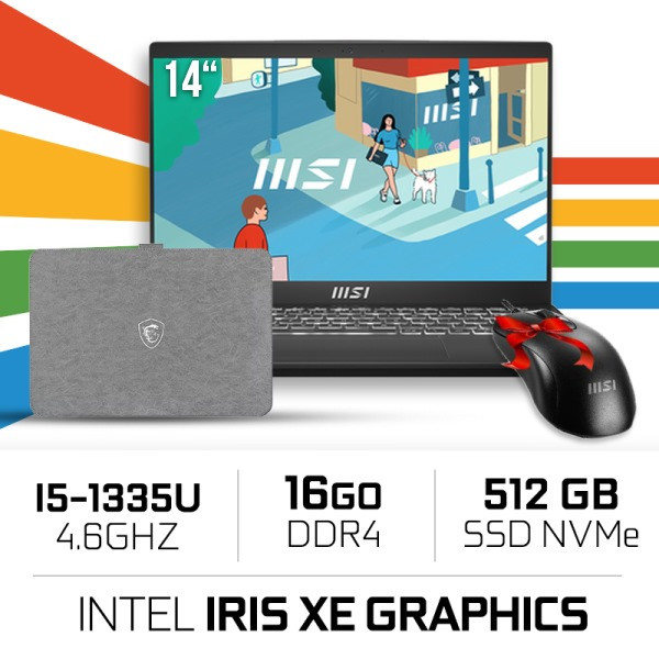 MSI Modern 14 C13M-1450MA Intel i5-1335U/16GB DDR4/512GB SSD/ IRIS XE /14" FHD IPS/Win11+Sleeve+Souris PC Portables Gamer MSI...