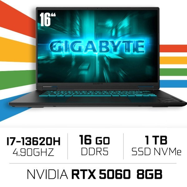 GIGABYTE GAMING A16 CVHI3FR894SD Intel i7-13620H/16GB DDR5/1TB SSD/RTX 5060 8G/16″ 165Hz PC Portables Gamer Gigabyte, Ultra P...