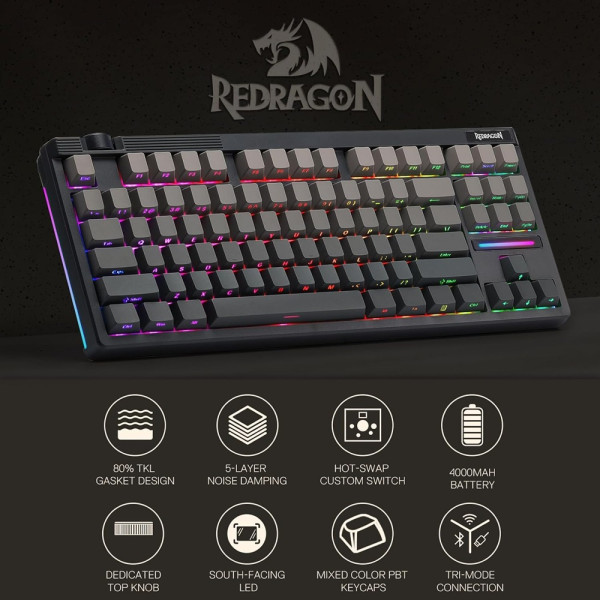 Redragon K729 OTIM Pro Wireless Mechanical Keyboard (Concrete Jungle) Claviers Redragon, Ultra Pc Gamer Maroc