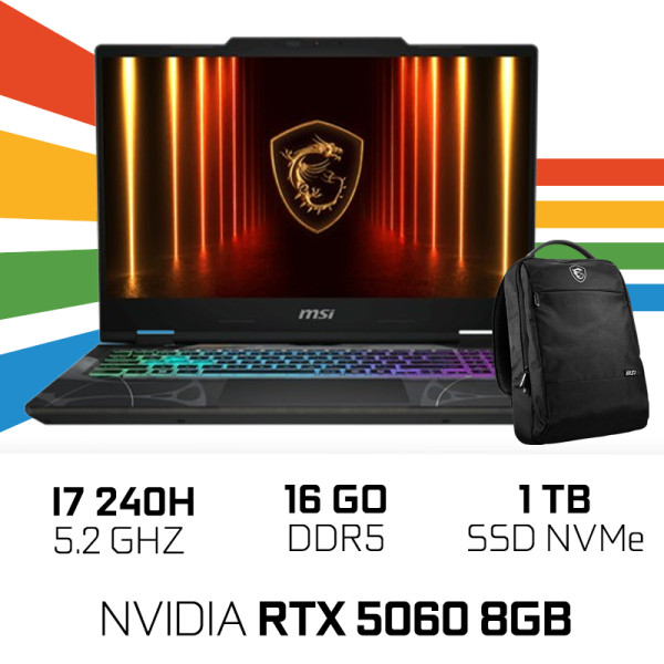 MSI CYBORG 15 B2RWEKG-095MA Intel Core 7 240H/16GB DDR5/1TB SSD/RTX 5060 8GB/15.6" 144Hz/Win11 /W Bag PC Portables Gamer MSI,...