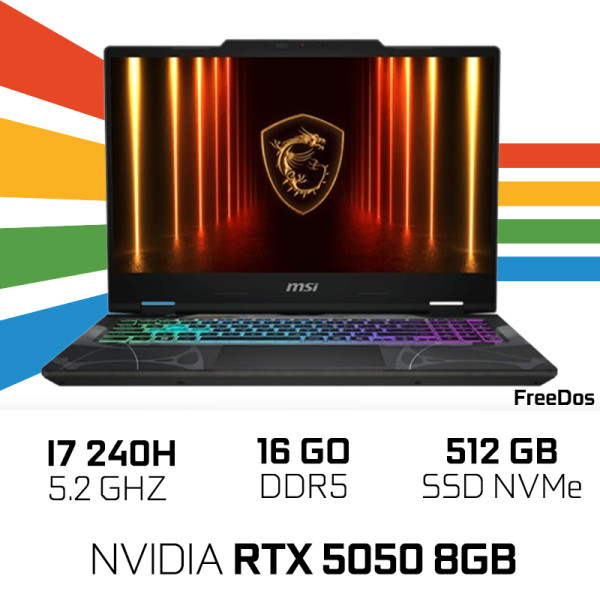 MSI CYBORG 15 B2RWEKG-419XMA Intel Core 7 240H/16GB DDR5/512GB SSD/RTX 5050 8GB/15.6" 144Hz /FreeDos PC Portables Gamer MSI, ...