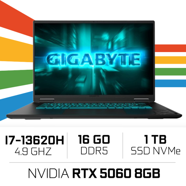 GIGABYTE GAMING A16 CVH-I3EE894SD Intel i7-13620H/16GB DDR5/1TB SSD/RTX 5060 8GB/16″ 165Hz/FreeDos PC Portables Gamer Gigabyt...