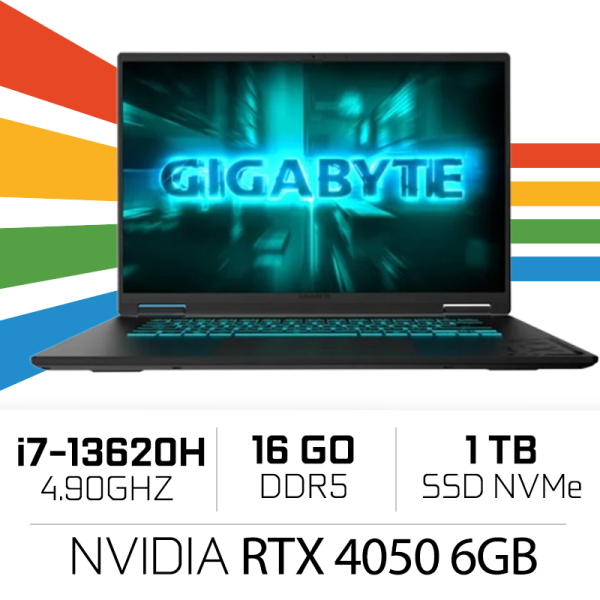 GIGABYTE GAMING A16 GA6CMH-I2FR894SD /Intel i7-13620H/16GB DDR5/1TB SSD/RTX 4050 6Go /16″ 165Hz/Freedos PC Portables Gamer Gi...