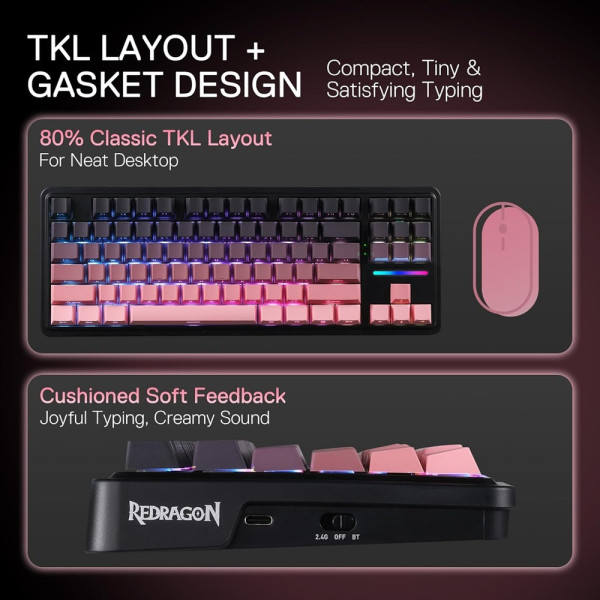 Redragon K728 Antonium Pro Wireless Mechanical Keyboard (Tide Pink) Claviers Redragon, Ultra Pc Gamer Maroc