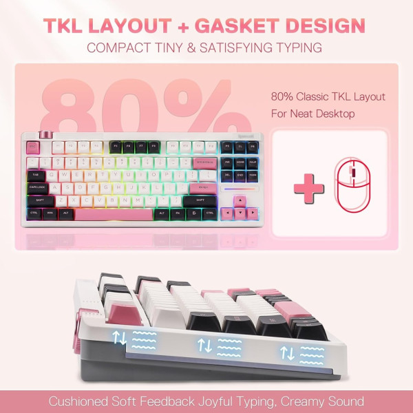 Redragon K729 OTIM Pro Wireless Mechanical Keyboard (White/Black/Pink) Claviers Redragon, Ultra Pc Gamer Maroc