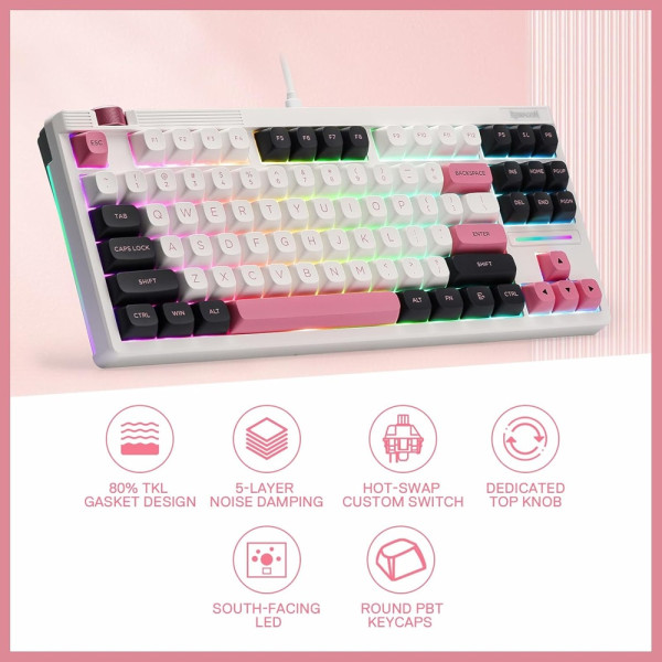 Redragon K729 OTIM Pro Wireless Mechanical Keyboard (White/Black/Pink) Claviers Redragon, Ultra Pc Gamer Maroc