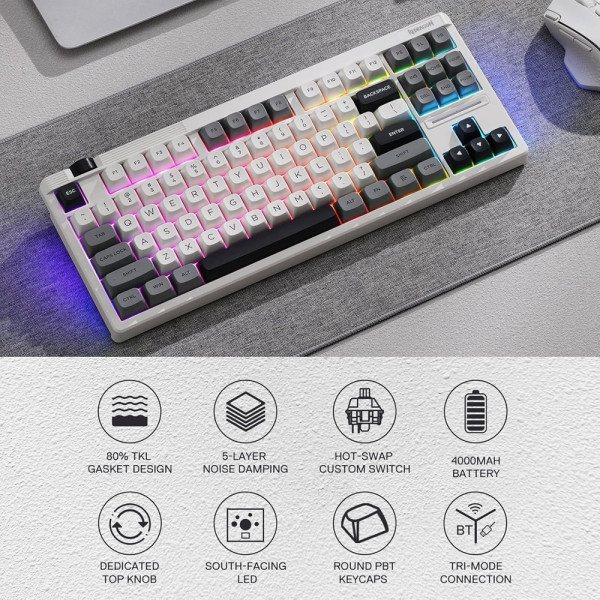 Redragon K729 OTIM Pro Wireless Mechanical Keyboard (White/Grey/Black) Claviers Redragon, Ultra Pc Gamer Maroc