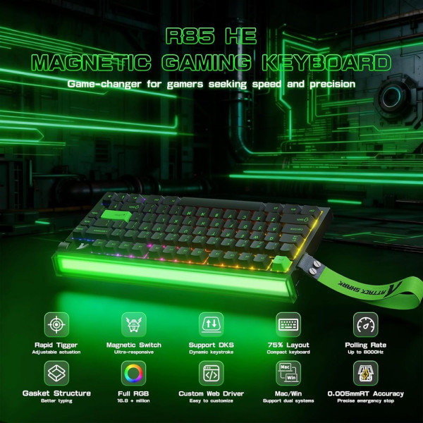 ATTACK SHARK R85 HE Rapid Trigger Magnetic Switch Fluorescent Gree ATTACK SHARK R85 HE Rapid Trigger Magnetic Switch Fluorescent Gree